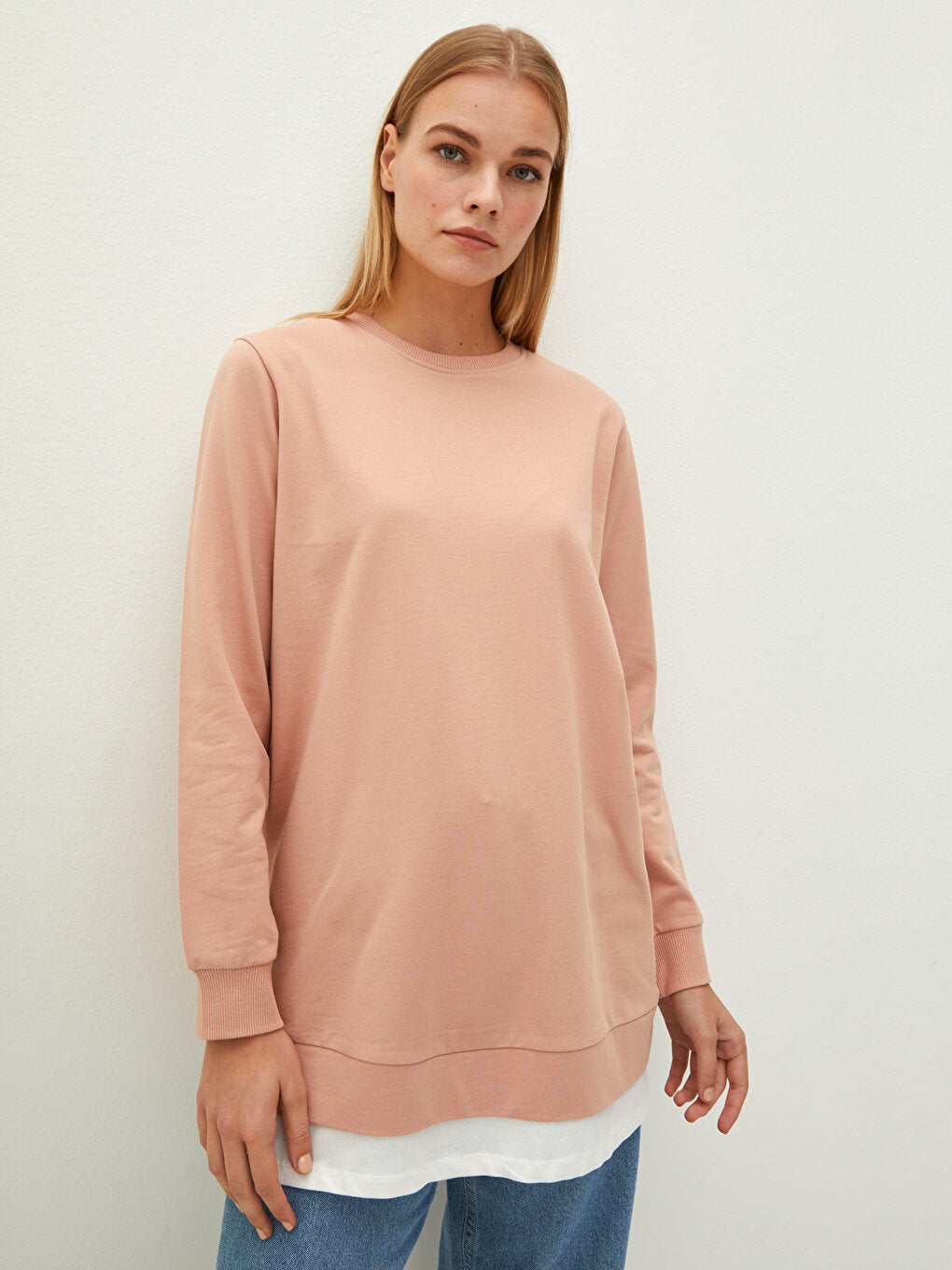 Crew Neck Plain Long Sleeve Women's Sweatshirt Tunic