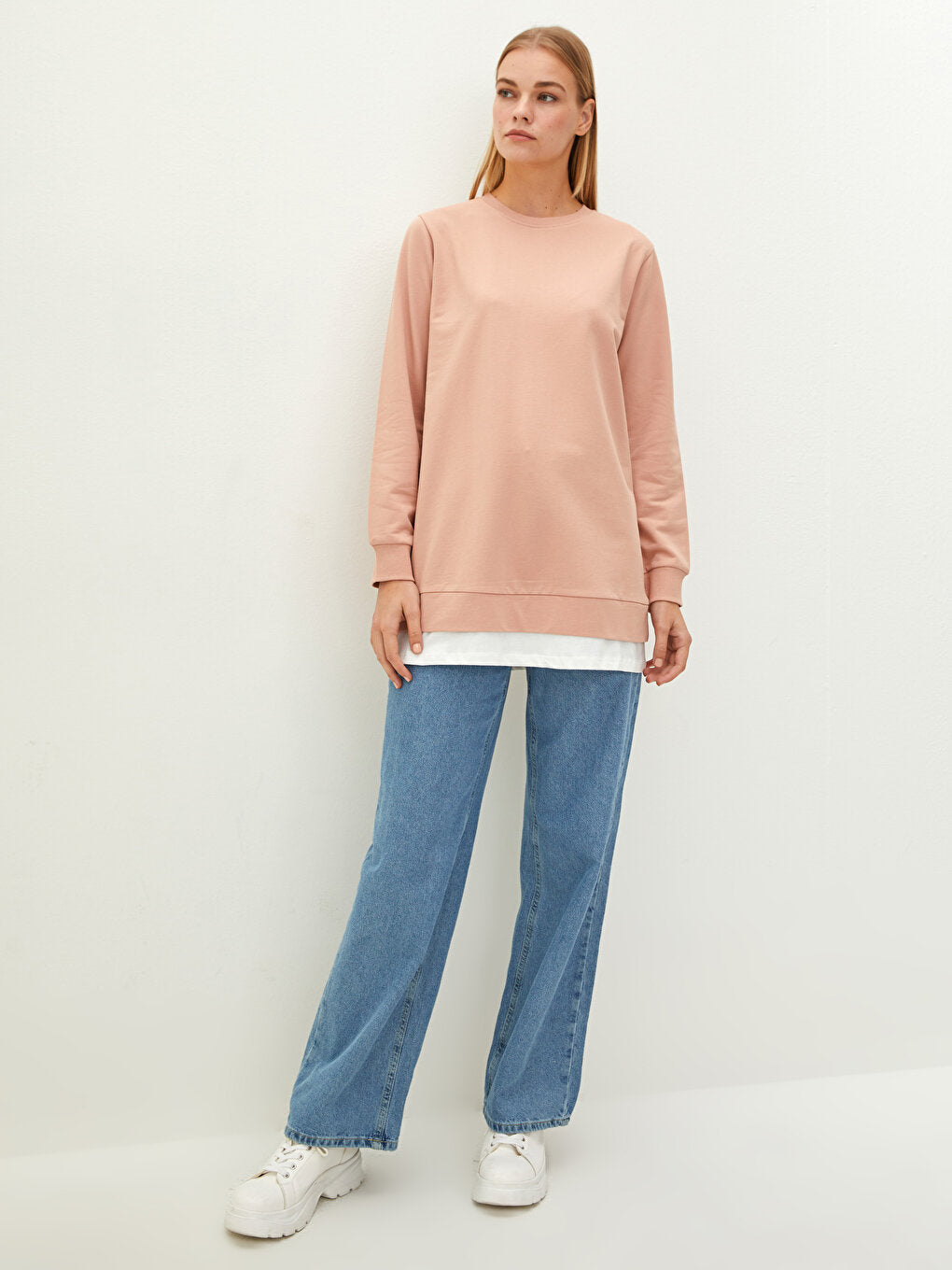 Crew Neck Plain Long Sleeve Women's Sweatshirt Tunic