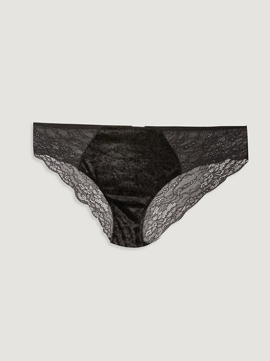 Lace Detailed Velvet Fabric Bikini Panties