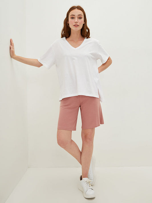 Women's Bermuda Shorts with Elastic Waist and Flat Pocket Detail