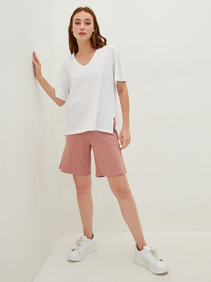 Women's Bermuda Shorts with Elastic Waist and Flat Pocket Detail