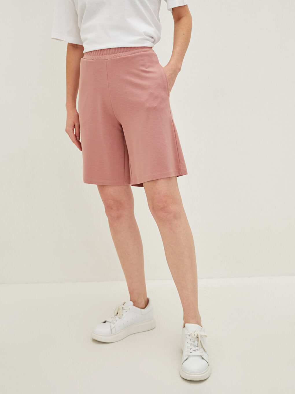 Women's Bermuda Shorts with Elastic Waist and Flat Pocket Detail