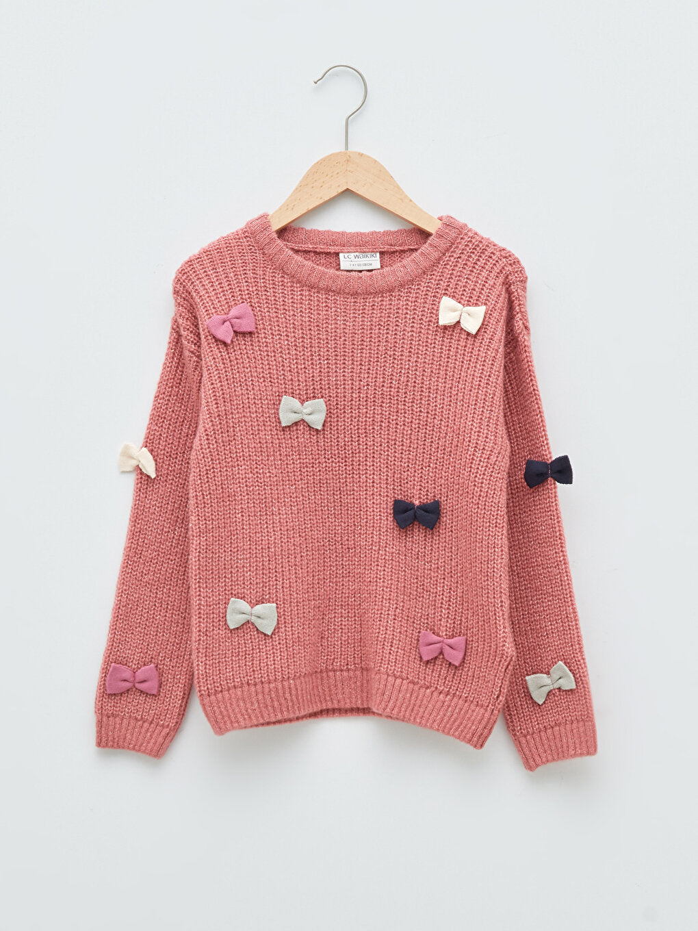 Crew Neck Bow Detailed Long Sleeve Girl's Knitwear Sweater