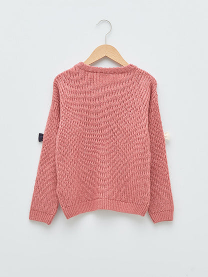 Crew Neck Bow Detailed Long Sleeve Girl's Knitwear Sweater