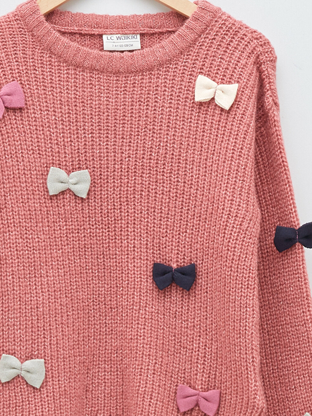 Crew Neck Bow Detailed Long Sleeve Girl's Knitwear Sweater