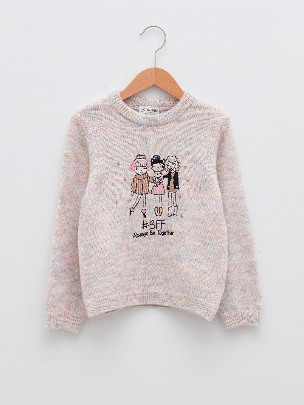 Crew Neck Embroidery Detailed Long Sleeve Girl's Knitwear Sweater