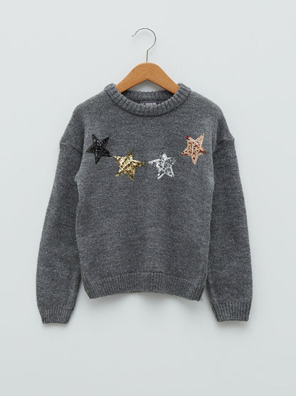 Crew Neck Sequin Embroidered Long Sleeve Girl's Knitwear Sweater