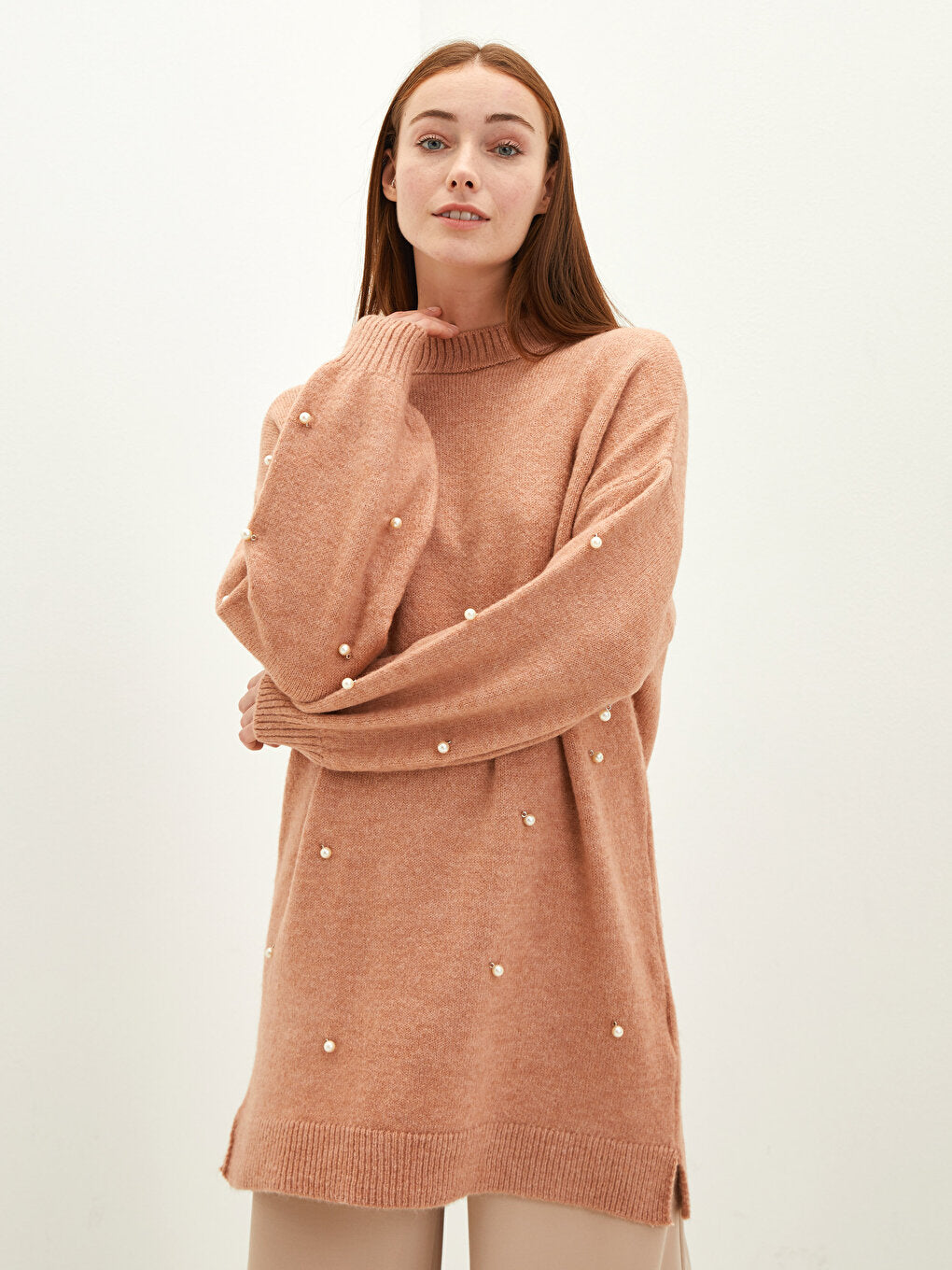 Crew Neck Pearl Detailed Long Sleeve Women's Knitwear Tunic