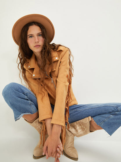 Biker Collar Plain Pocket Detailed Long Sleeve Suede Women's Coat