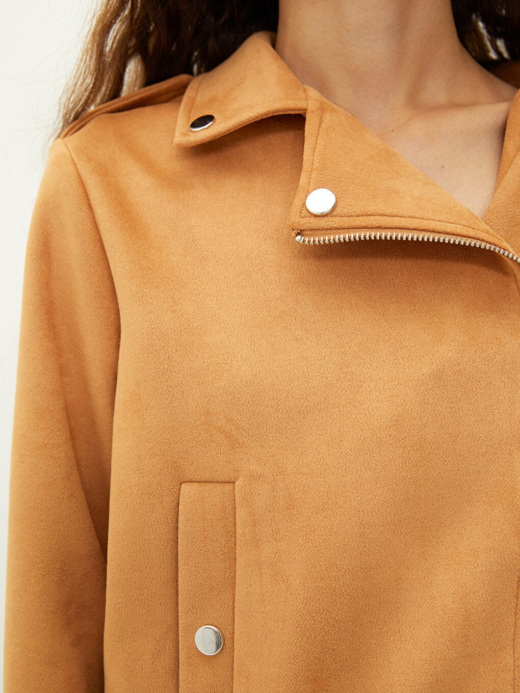 Biker Collar Plain Pocket Detailed Long Sleeve Suede Women's Coat