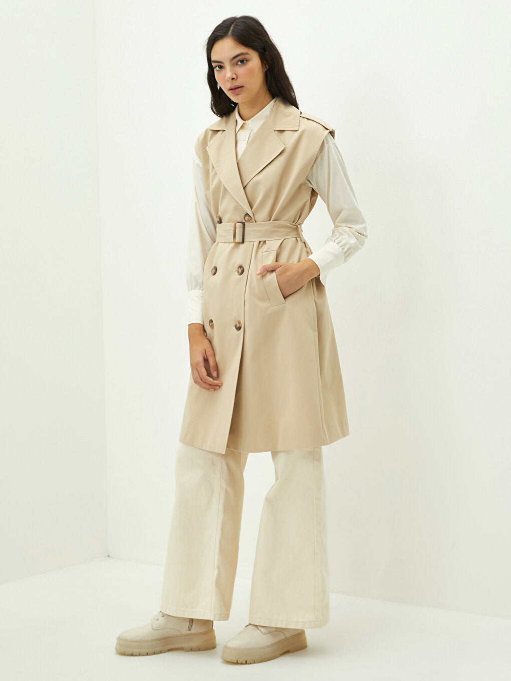 Jacket Collar Straight Sleeveless Waist Belted Oversize Cotton Women's Trench Coat