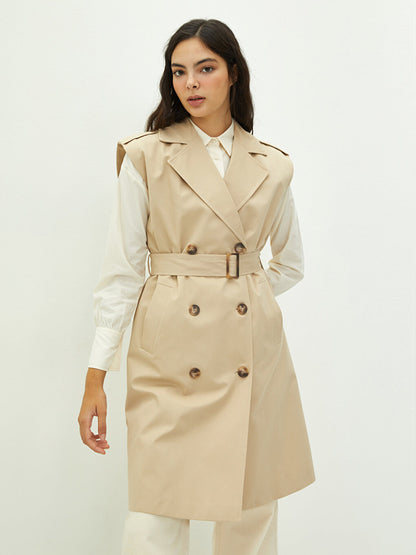 Jacket Collar Straight Sleeveless Waist Belted Oversize Cotton Women's Trench Coat