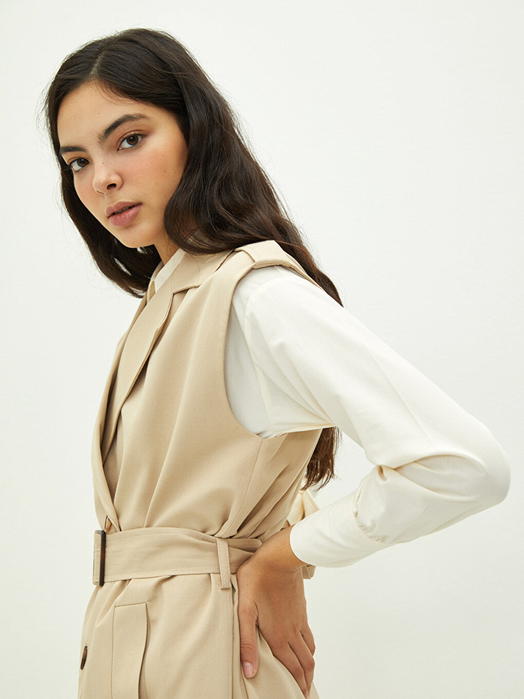 Jacket Collar Straight Sleeveless Waist Belted Oversize Cotton Women's Trench Coat