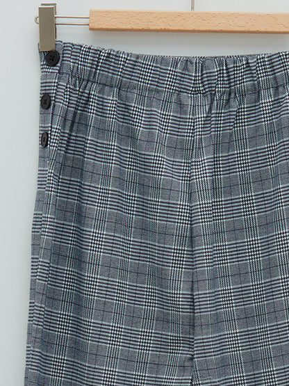 Plaid Gabardine Girl's Trousers with Elastic Waist