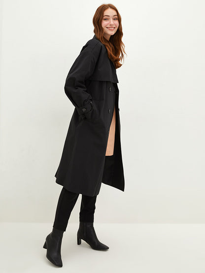 Jacket Collar Flat Waist Belted Pocket Detailed Long Sleeve Oversize Women's Trench Coat