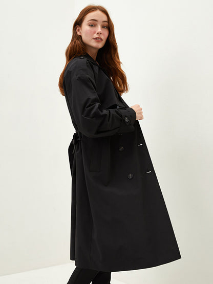 Jacket Collar Flat Waist Belted Pocket Detailed Long Sleeve Oversize Women's Trench Coat