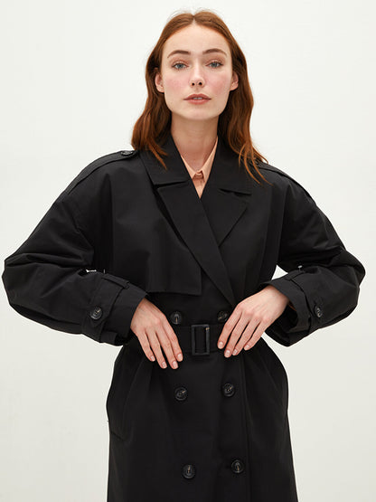 Jacket Collar Flat Waist Belted Pocket Detailed Long Sleeve Oversize Women's Trench Coat