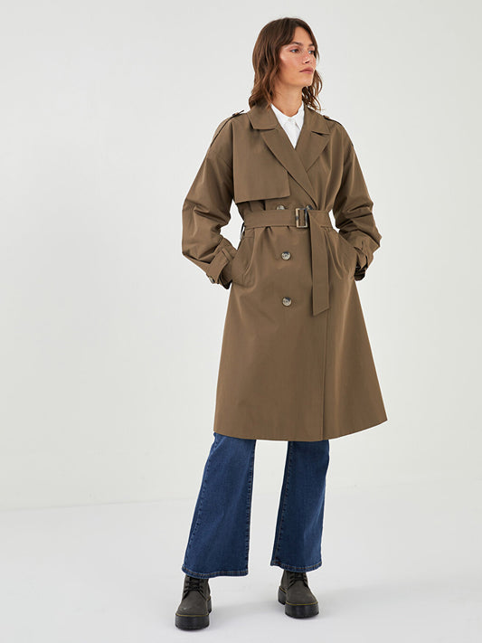 Jacket Collar Flat Waist Belted Pocket Detailed Long Sleeve Oversize Women's Trench Coat