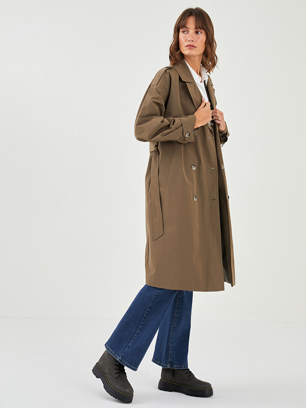 Jacket Collar Flat Waist Belted Pocket Detailed Long Sleeve Oversize Women's Trench Coat