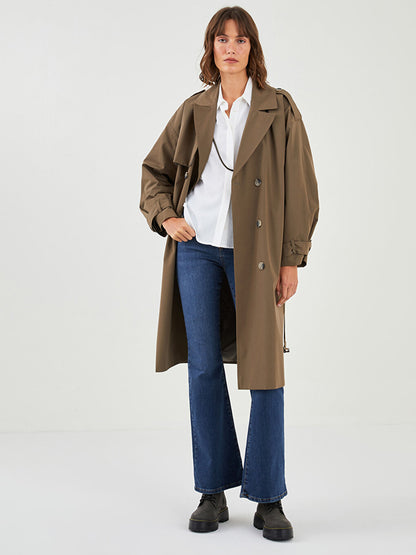 Jacket Collar Flat Waist Belted Pocket Detailed Long Sleeve Oversize Women's Trench Coat