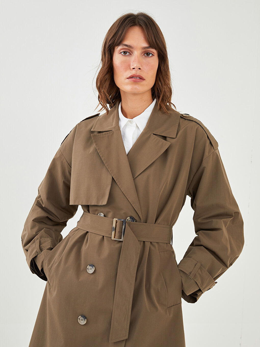 Jacket Collar Flat Waist Belted Pocket Detailed Long Sleeve Oversize Women's Trench Coat