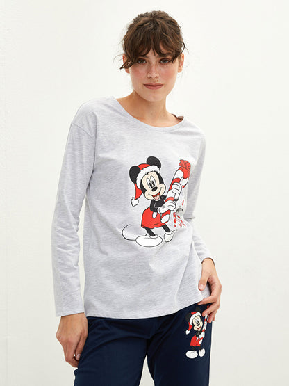 Crew Neck Mickey Mouse Printed New Year's Themed Long Sleeve Women's Pajama Set