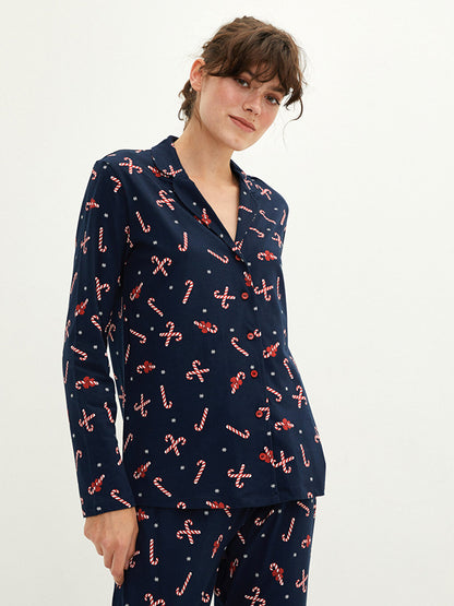 Jacket Collar New Year's Themed Long Sleeve Cotton Women's Pajama Set