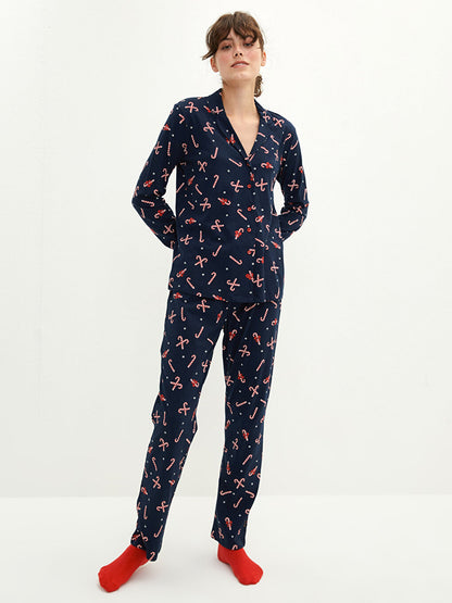 Jacket Collar New Year's Themed Long Sleeve Cotton Women's Pajama Set