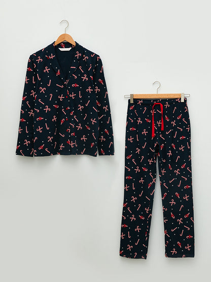 Jacket Collar New Year's Themed Long Sleeve Cotton Women's Pajama Set