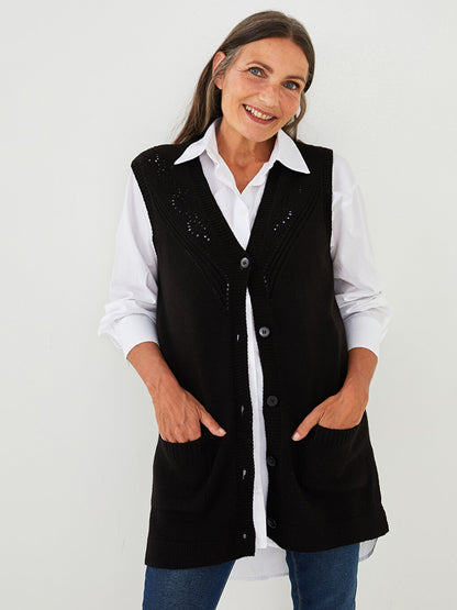 V-Neck Self-Patterned Women's Knitwear Vest with Pocket Detail