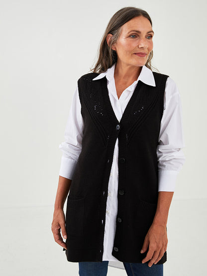 V-Neck Self-Patterned Women's Knitwear Vest with Pocket Detail