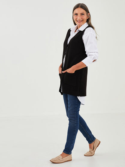 V-Neck Self-Patterned Women's Knitwear Vest with Pocket Detail