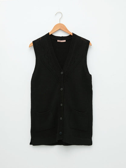 V-Neck Self-Patterned Women's Knitwear Vest with Pocket Detail