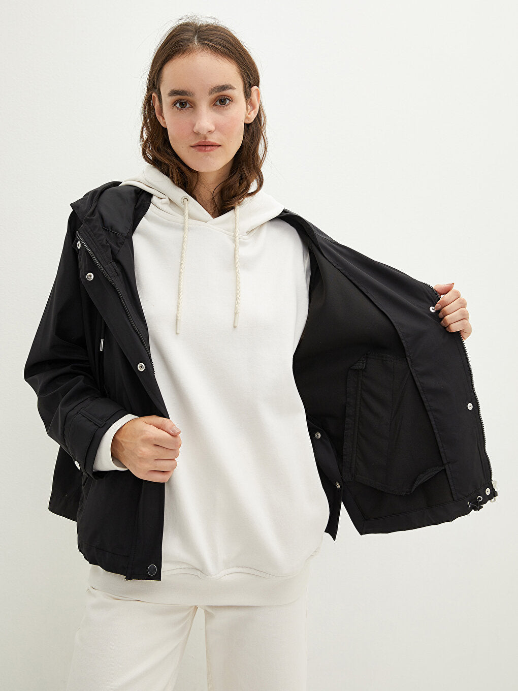 Hooded Plain Pocket Detailed Long Sleeve Women's Raincoat