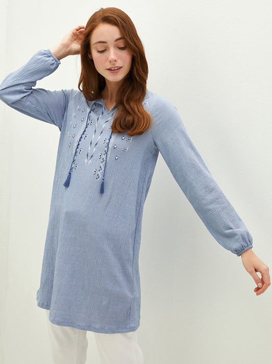 Tie Collar Patterned Long Sleeve Women's Tunic