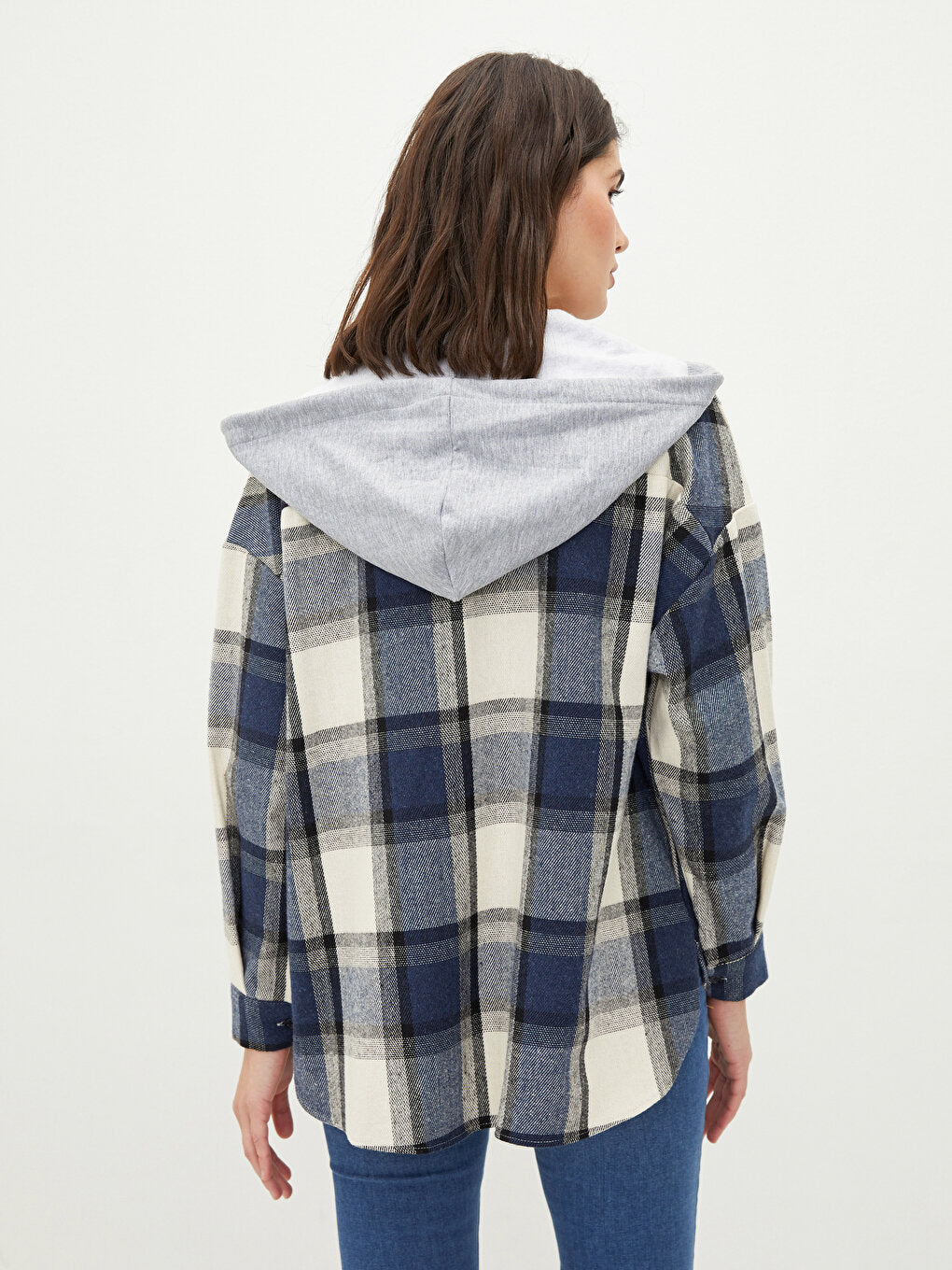 Hooded Plaid Long Sleeve Pocket Detailed Gabardine Women's Shirt Jacket