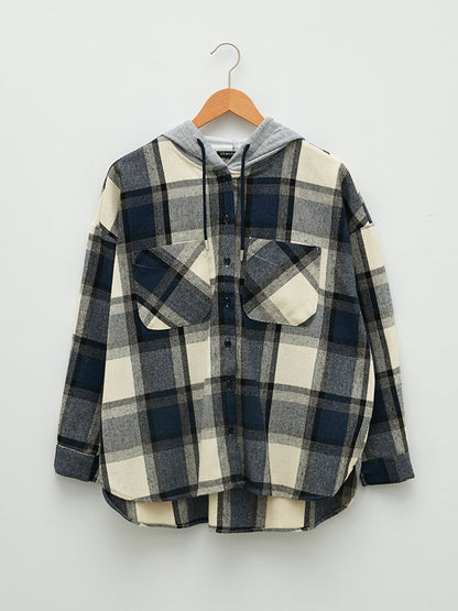 Hooded Plaid Long Sleeve Pocket Detailed Gabardine Women's Shirt Jacket