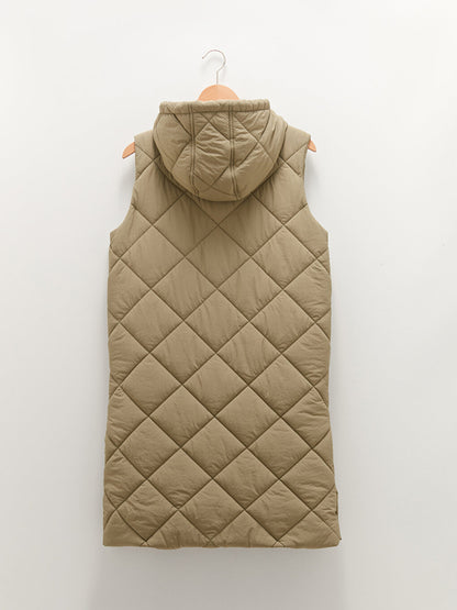 Hooded Quilted Patterned Women's Puffer Vest with Pocket Detail