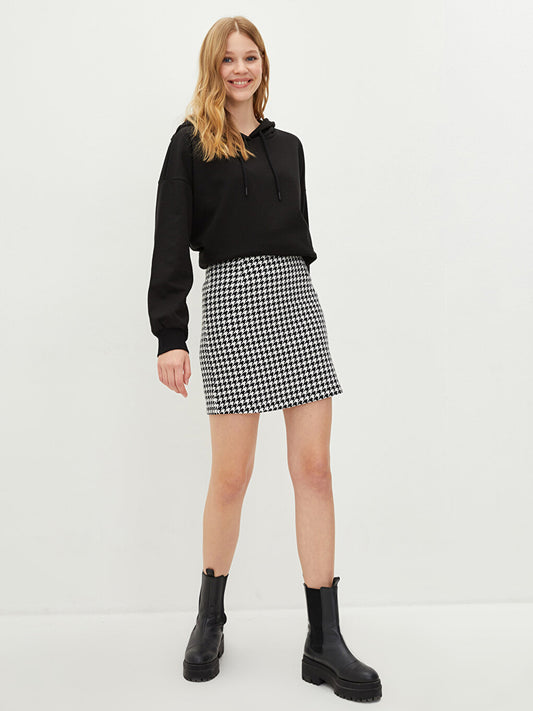 Houndstooth Patterned Poplin Women's Skirt with Zipper Waist