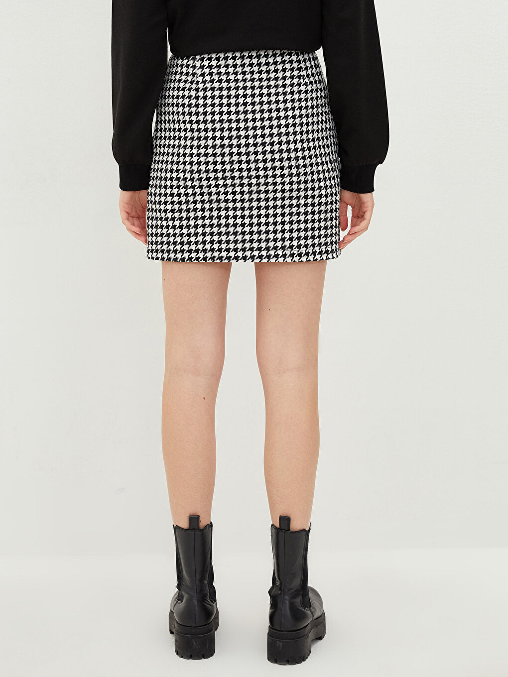 Houndstooth Patterned Poplin Women's Skirt with Zipper Waist