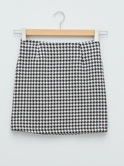 Houndstooth Patterned Poplin Women's Skirt with Zipper Waist