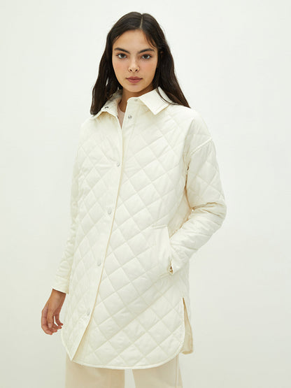 Shirt Collar Quilted Patterned Long Sleeve Women's Coat with Pocket Detail