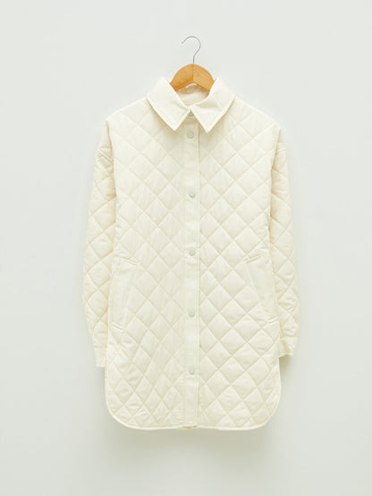 Shirt Collar Quilted Patterned Long Sleeve Women's Coat with Pocket Detail