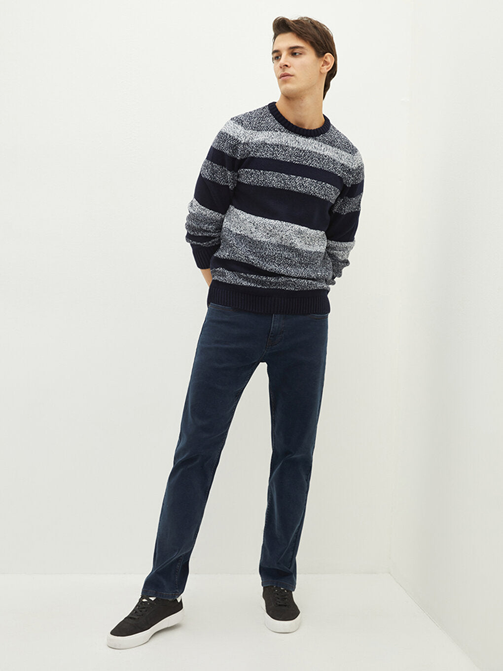 Crew Neck Long Sleeve Striped Men's Knitwear Sweater