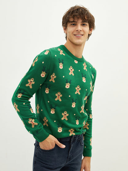 Crew Neck Long Sleeve New Year's Themed Men's Knitwear Sweater