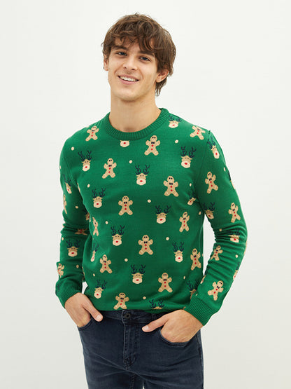 Crew Neck Long Sleeve New Year's Themed Men's Knitwear Sweater