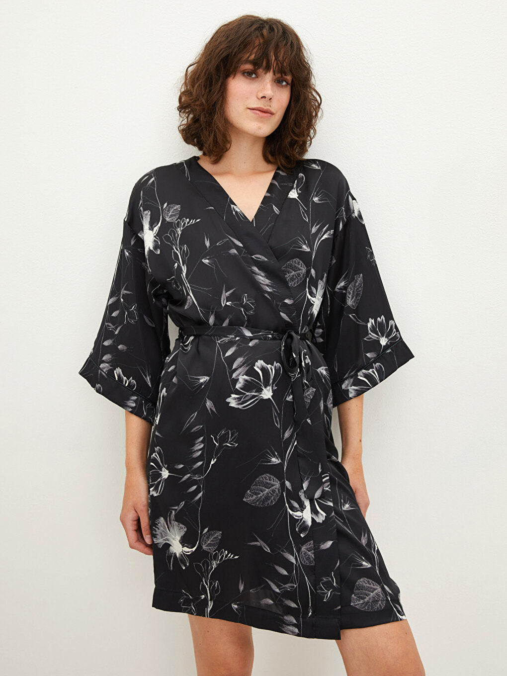 Women's Dressing Gown with Double Breasted Collar and Floral Tie Waist Detail