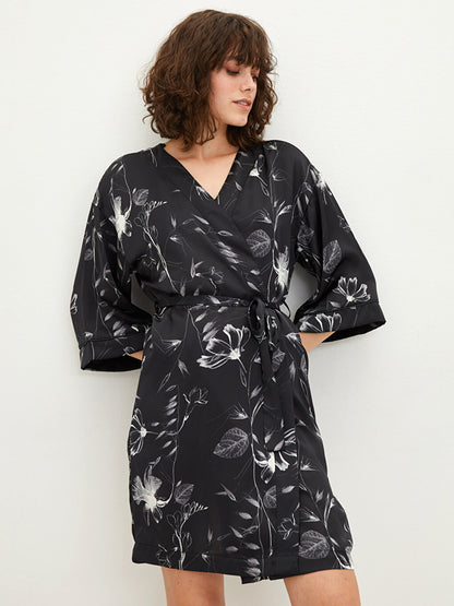 Women's Dressing Gown with Double Breasted Collar and Floral Tie Waist Detail