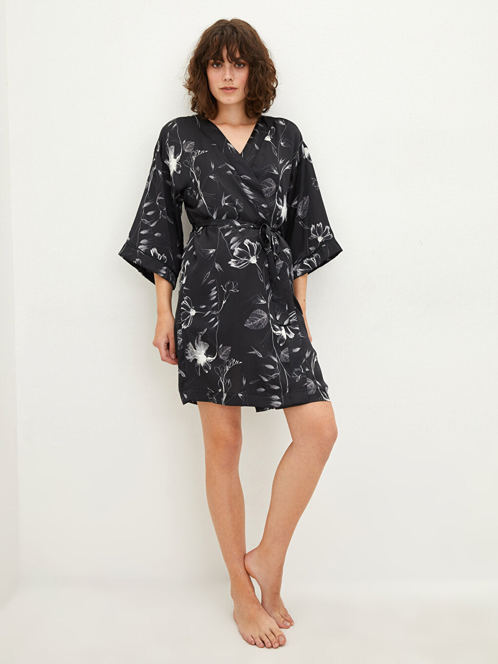 Women's Dressing Gown with Double Breasted Collar and Floral Tie Waist Detail