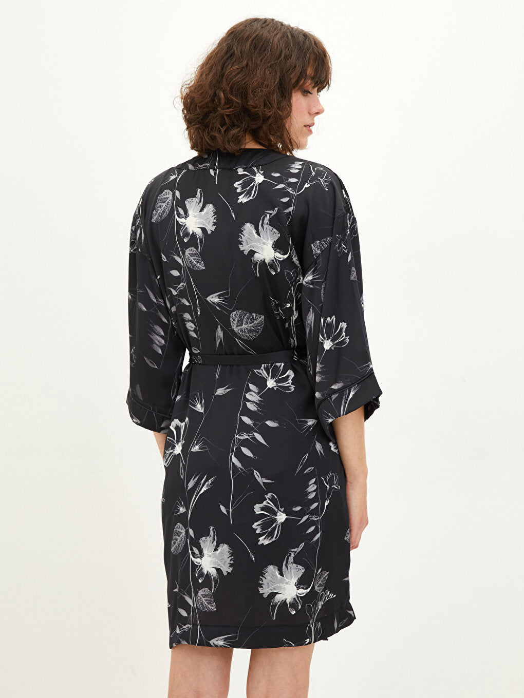 Women's Dressing Gown with Double Breasted Collar and Floral Tie Waist Detail